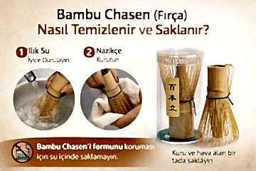 “Bambu Chasen fırça nasıl temizlenir ve saklanır – Ilık suyla durulama, nazikçe kurutma ve doğru saklama adımları. Su içinde bırakmayın, kuru ortamda muhafaza edin.”