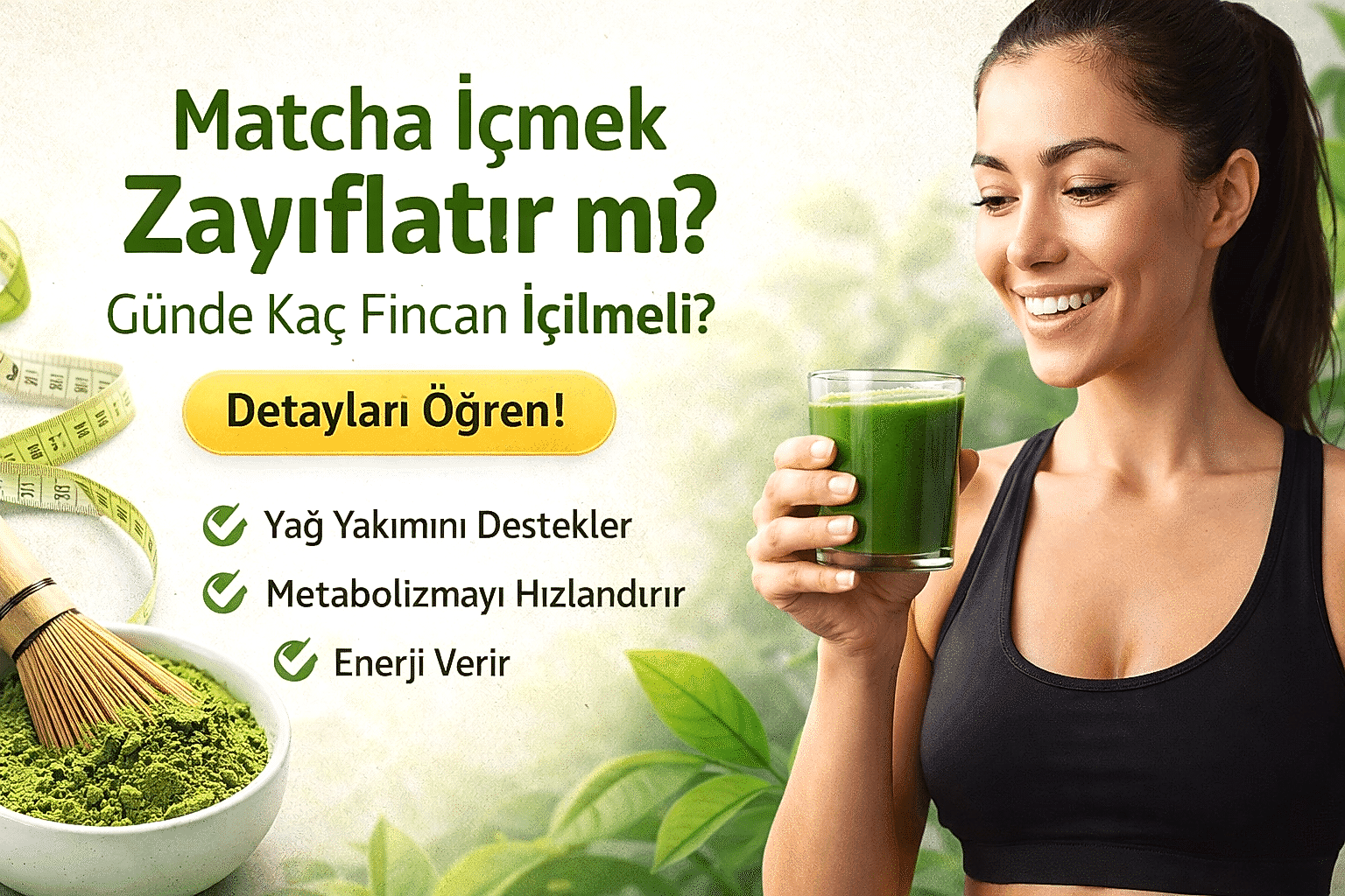 “Matcha çayı içmek zayıflatır mı sorusuna yanıt arayan kadın elinde yeşil matcha içeceğiyle gülümsüyor, yanında matcha tozu ve bambu çırpıcı bulunuyor.”