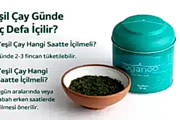 Toganoo Gyokuro yeşil çay kutusu ve seramik kasede kuru yeşil çay yaprakları. Görsel üzerinde 'Yeşil Çay Günde Kaç Defa İçilir?' başlığı yer alıyor.